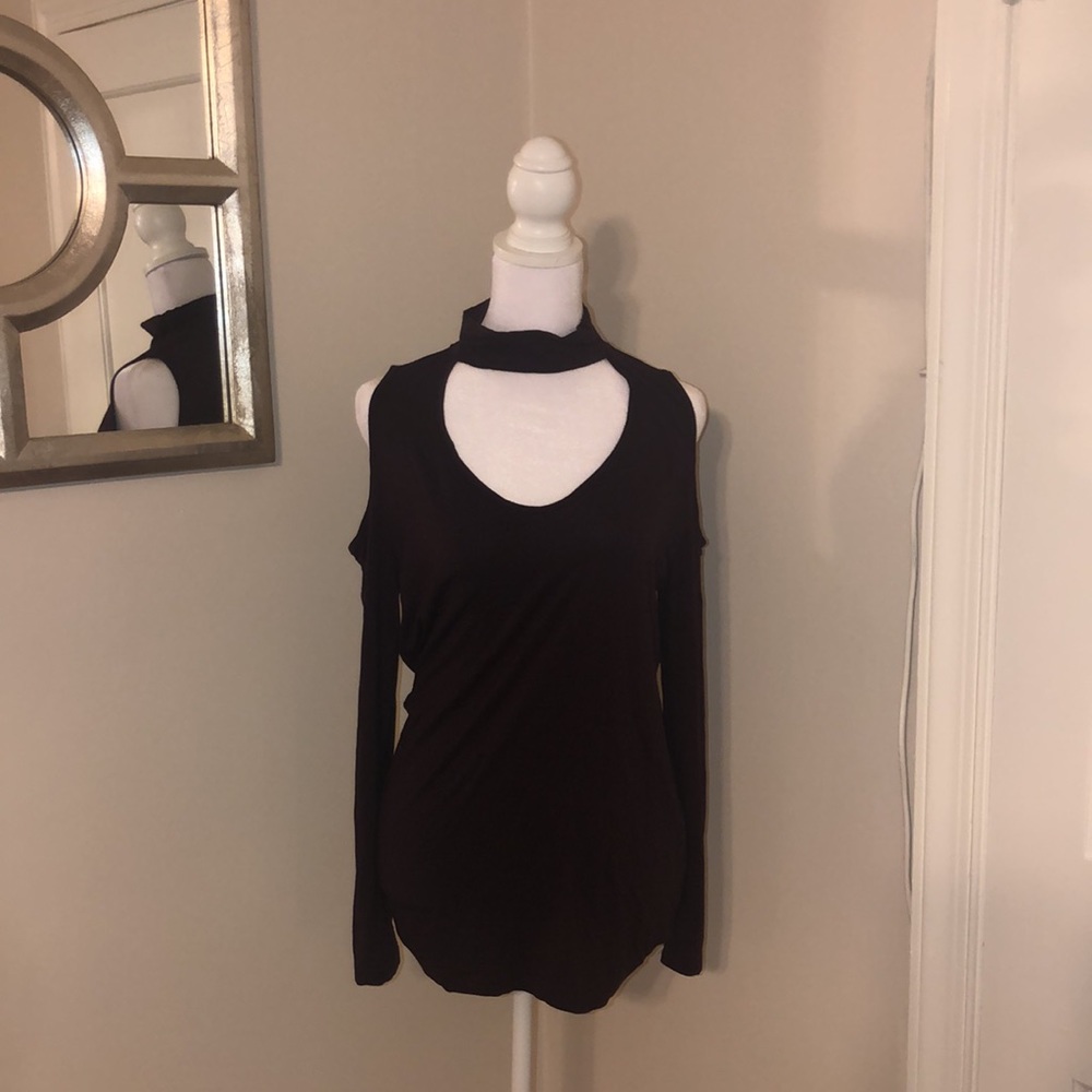 Mock neck, cold shoulder, v neck eggplant long sleeve top - Picture 1 of 4